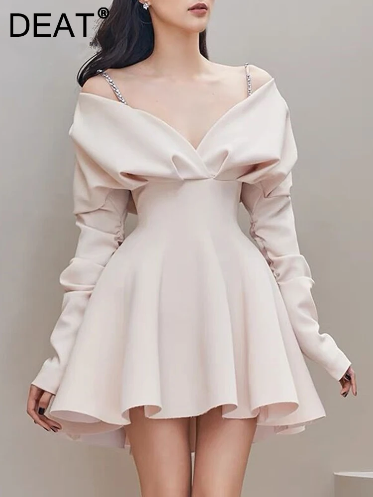 DEAT Fashion Chain Camisole Dress Women Slash Neck Full Sleeve Off Shoulder A Line High Waist Evening Party New Spring 15KB5589