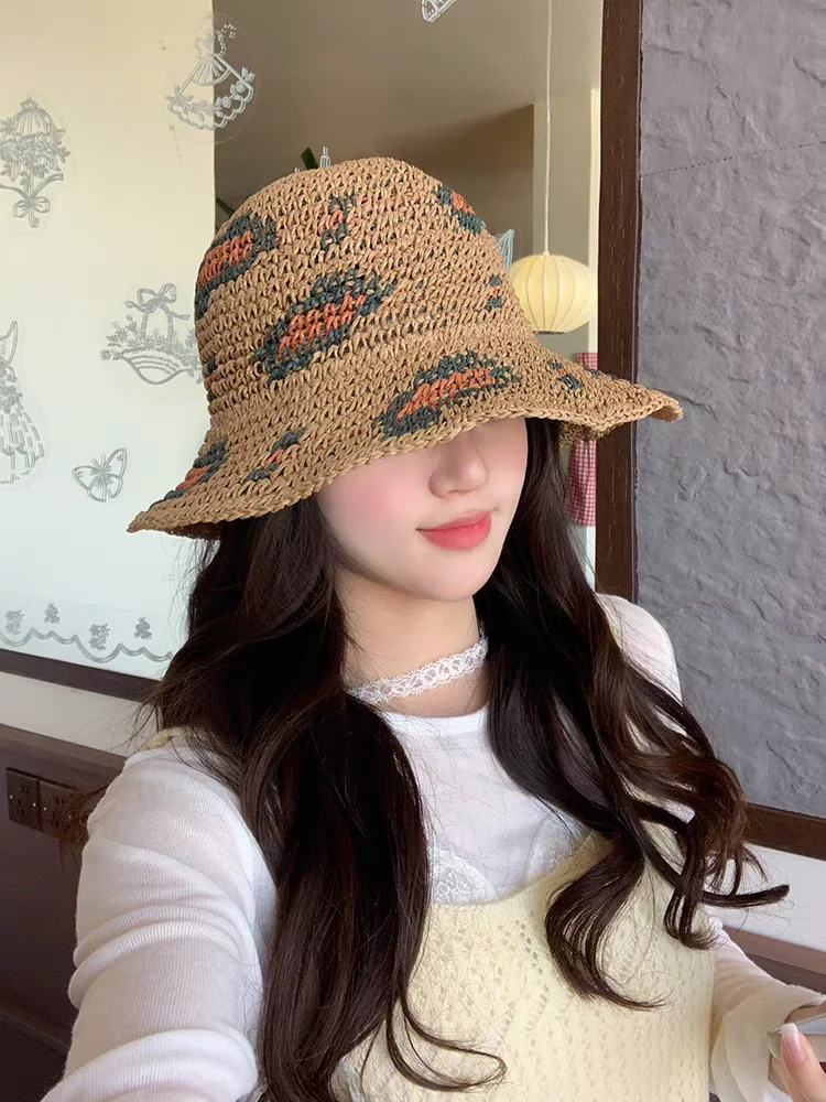 Y2K beach leopard print Straw Hat Summer Women Visor Bucket Hat Fisherman Hat Hand weaving Panama Girl Fishing handmade Sun Hats
