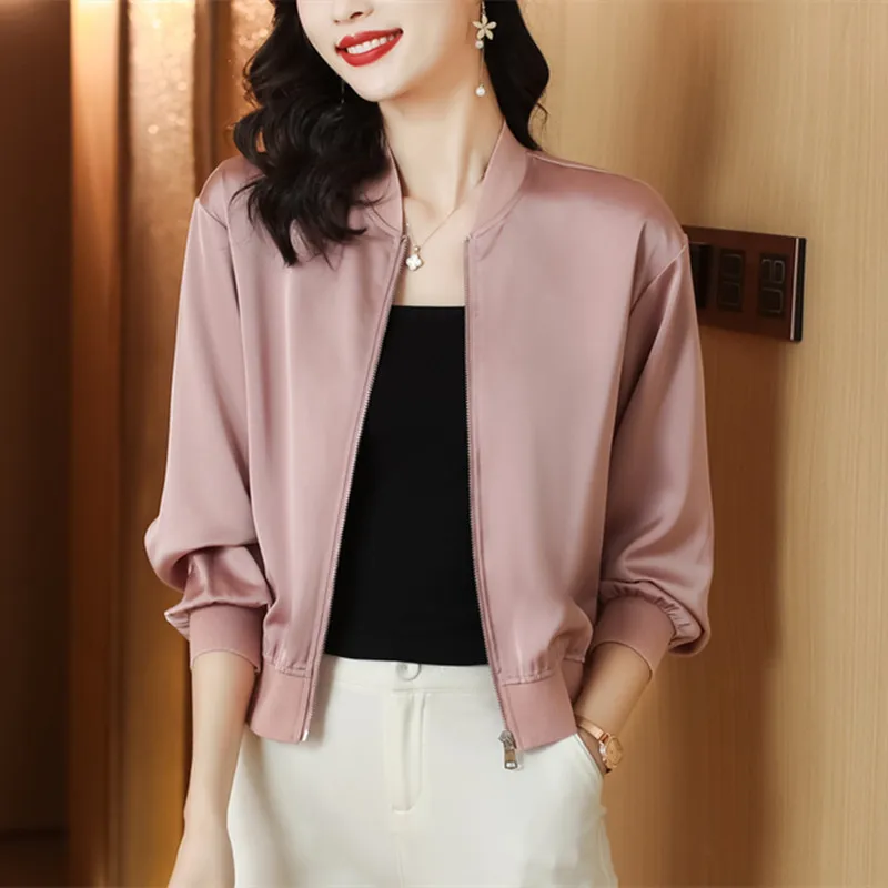 

Women Bomber Jackets Solid Color 2024 Spring Autumn Baseball Coats Slim Stand Collar Zipper Windbreaker Ladies Short Outerwear