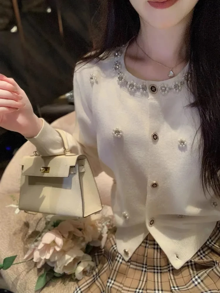 

Вязаный кардиган женский с цветочным принтом и бисером элегантный облегающий свитер с круглым вырезом Y2k однобортный короткий джемпер с длинными рукавами топы