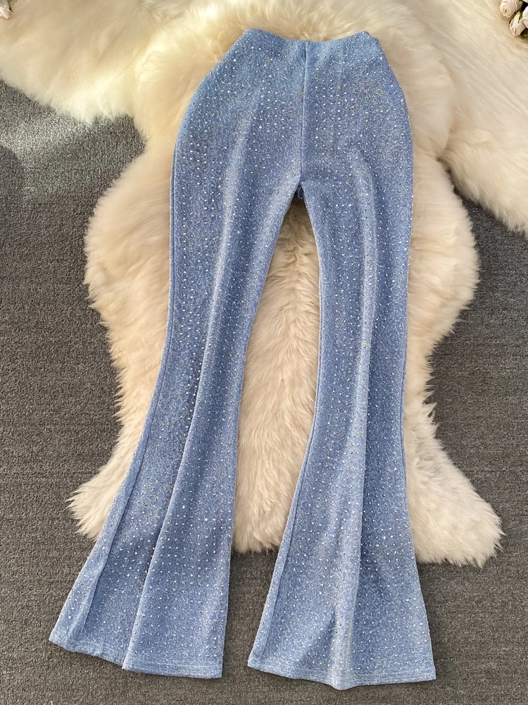 Pantaloni svasati a vita alta retrò Pantaloni casual da donna con stampa leopardata incorporata con diamanti Pantaloni lunghi trascinanti Coreano Sle Pendolari