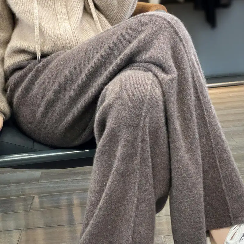 Pantaloni a gamba larga autunno inverno da donna tubo dritto elastico a vita alta con coulisse pantaloni Casual in lana pantaloni lunghi fino al