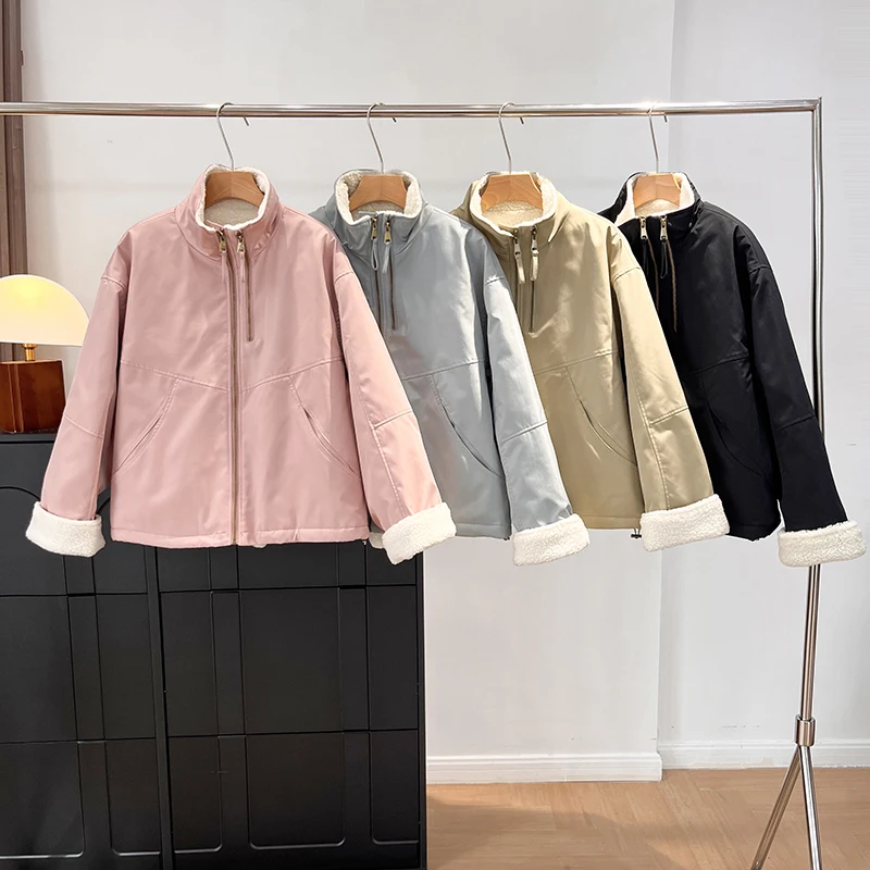 Faionable Girl's Design Colletto alla coreana Doppia cerniera Thiened Pelliccia di agnello sintetica Cotone Jaet ort Capispalla caldo lungo Sve