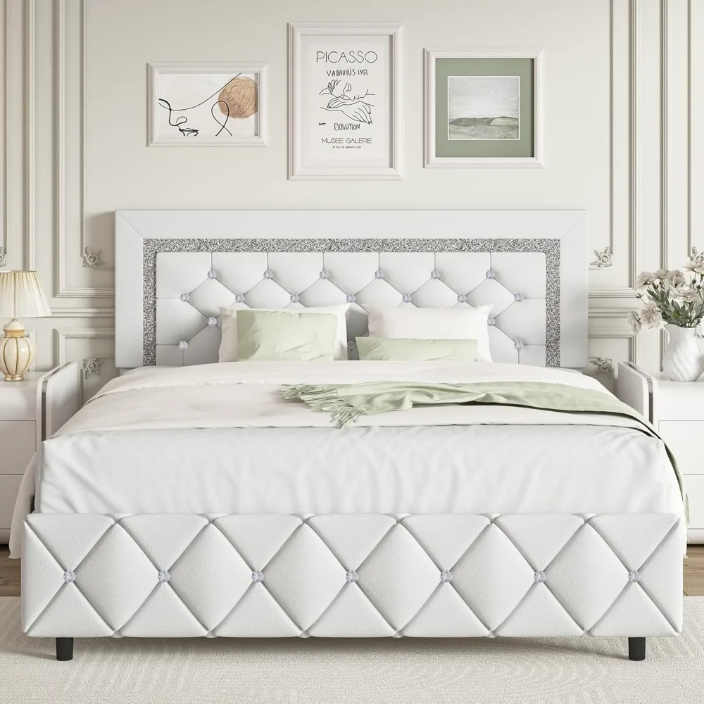 Queen Bed Frame, Upholstered Platform Bed with Button Tufted Headboard, Princess Platform Bed with Crystal Design, Wooden Slats