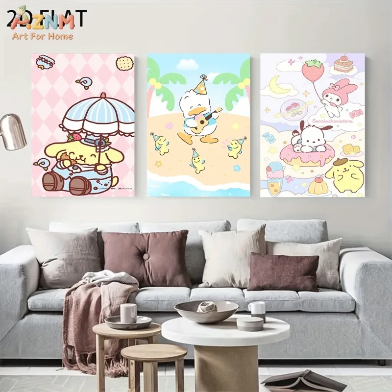 AZNM Unframed Canvas Wall Art Pompompurin Pekkle Pochacco My Melody Beach Vacation Donut Candy Sanrio Poster Summer Cute Kids