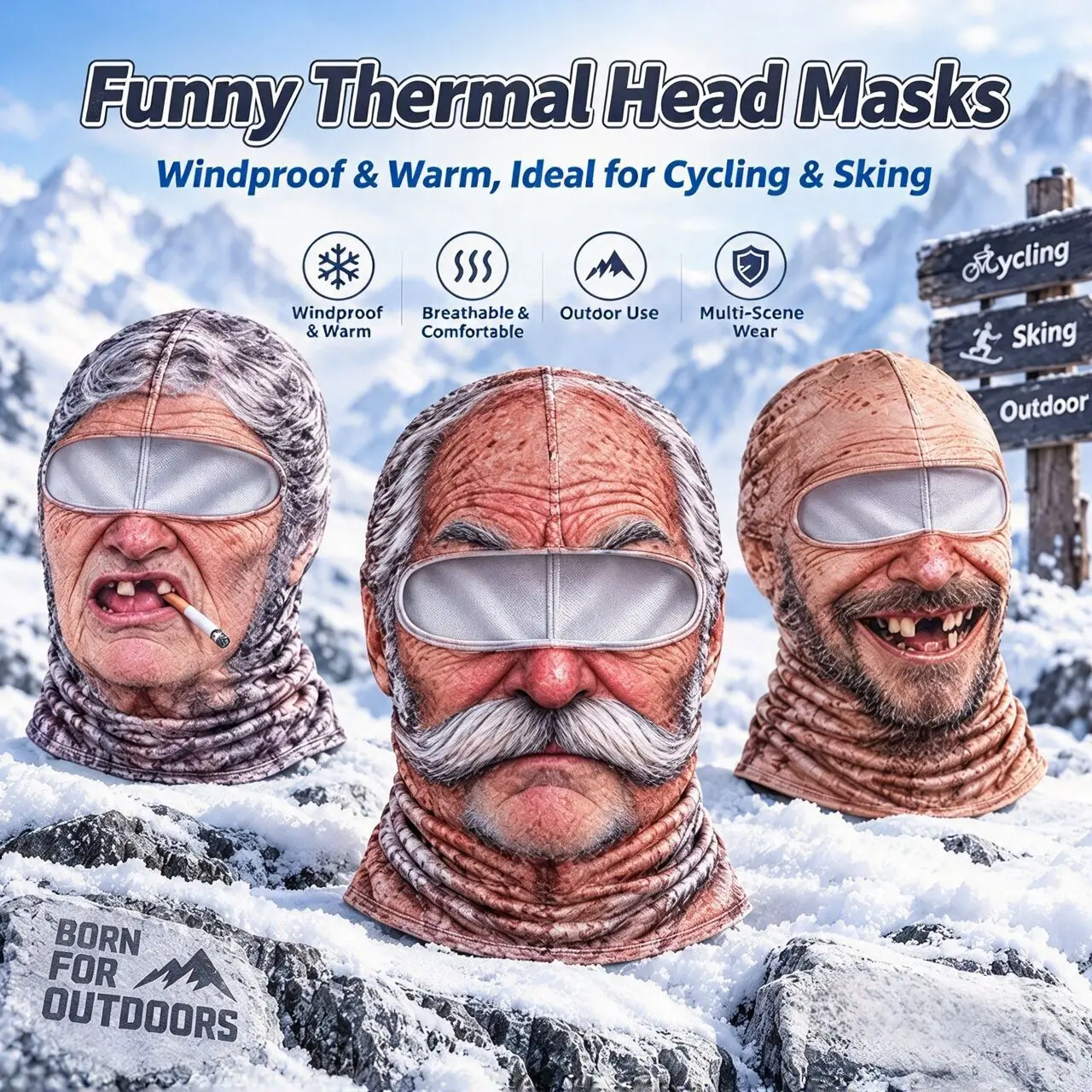 New 3D Face Printed Old Man Balaclava White Mustache Full Coverage Face Mask Breathable Eye Hole Stretch Funny Ski Mask For Men