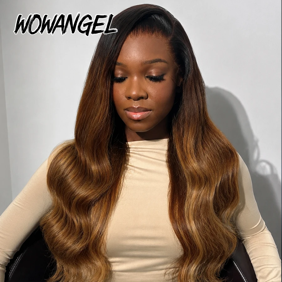 WOWANGEL 13x6 Lace Frontal Wig Raw Human Hair Body Wave Honey Brown Highlight Wig Glueless Lace Front Wig Pre Plucked For Women