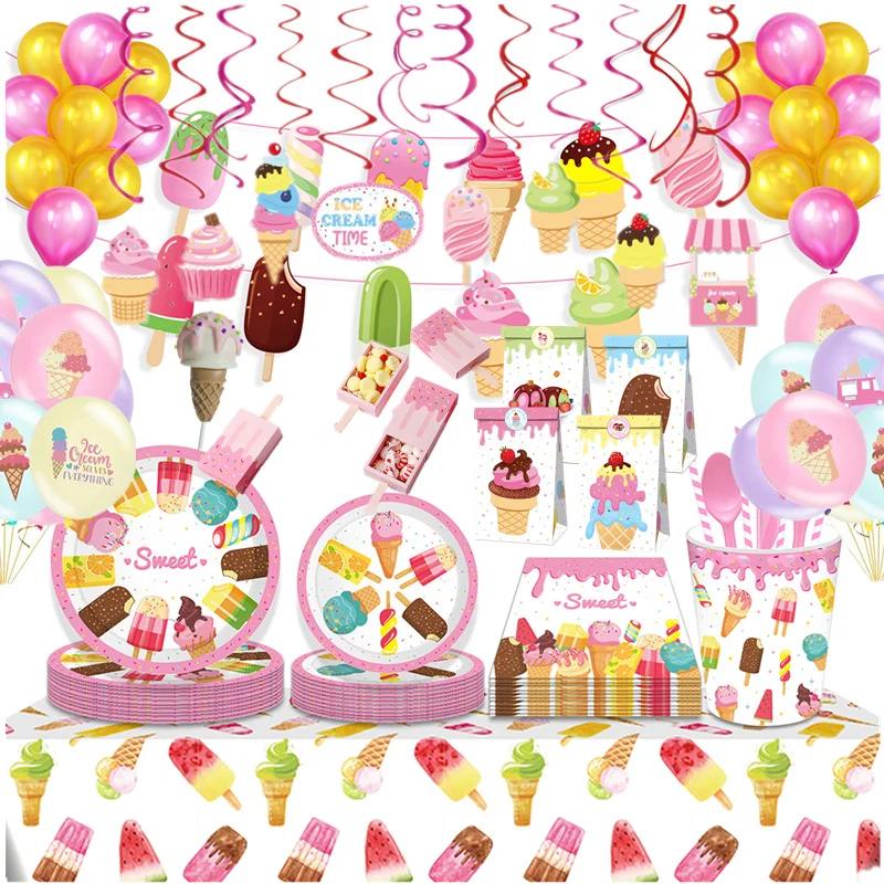 Sorvete festa de aniversário decoração crianças brinquedo do chuveiro de bebê conjunto de utensílios de mesa descartáveis placas copos balões toalha de mesa suprimentos de festa