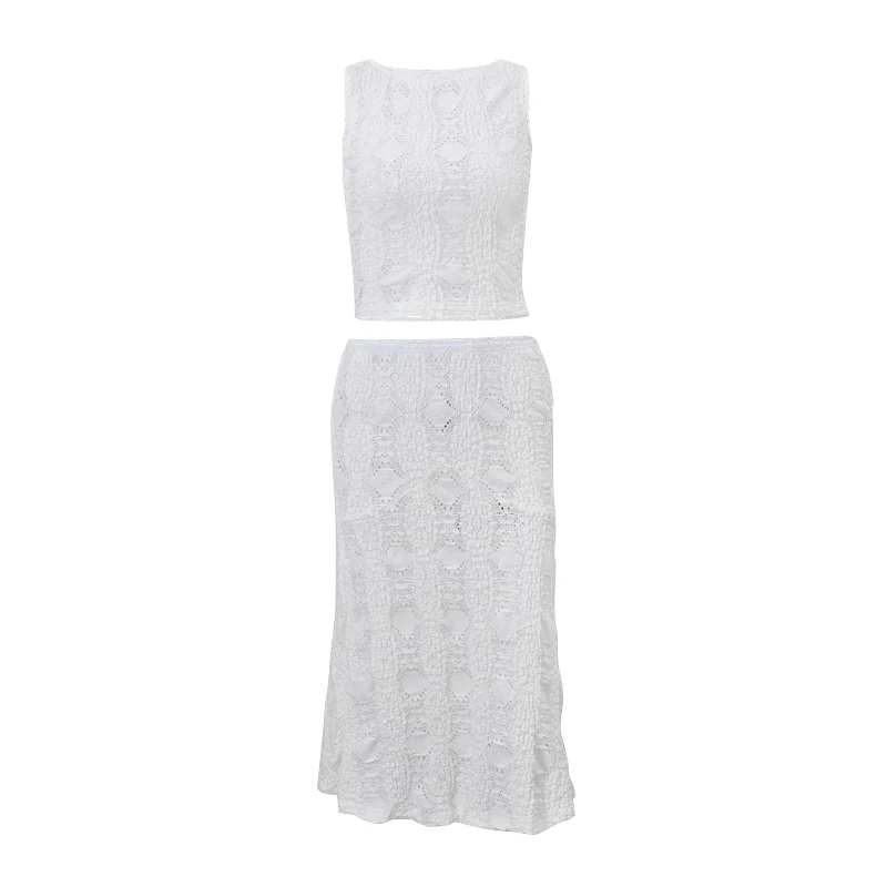 WhereMery Temperament Casual Dress Set Summer Slim Fit Sleeveless Lace Hollow Top with White Beach Skirt Two Piece Set