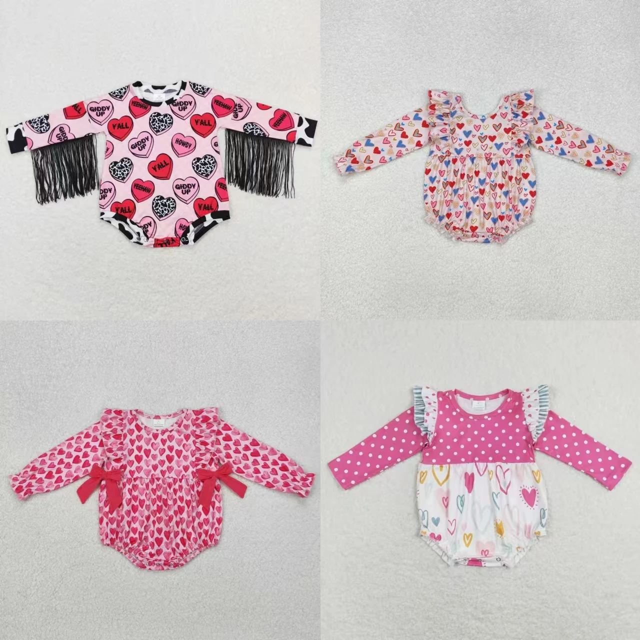 Wholesale Baby Girl Children Long Sleeves Buttons Romper Infant Kids Valentines Hearts Clothes Toddler Newborn Coverall Bodysuit