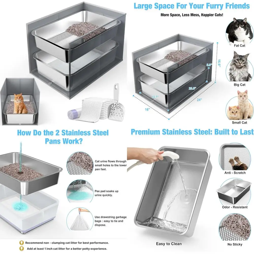 

23.6 x 15.7 x 6 Stainless Steel Litter Box with Litter Box Enclosure Splash Guard for Big Cats, Multi-Cats, High Sided Sifting L