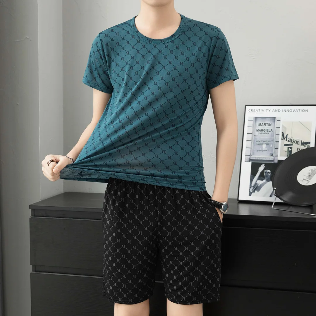 Summer Short-Sleeved T-Shirt Pajamas Pajama Pants Tops Shorts Men\'s New Ice Silk Letters Homewear Casual T-Shirt Shorts