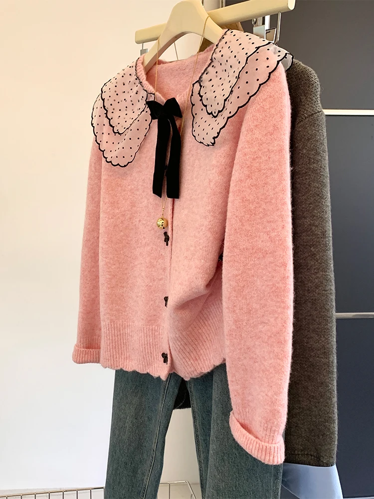 

Женский розовый кардиган, кашемировый свитер, Harajuku, корейский Y2k, свитера с длинными рукавами и воротником Питера Пэна и бантом, джемпер, винтажная одежда 2000-х годов