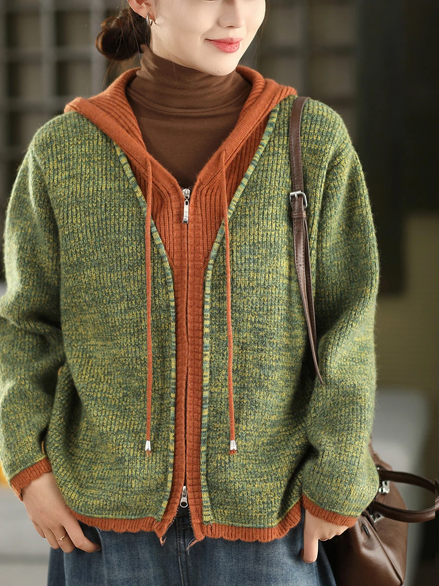 

Winter Thiened Knitted Hat Coat Women's Fake Two-Piece Outerwear Long Sve Warm Cardigan Zipper Closure Floral Pattern