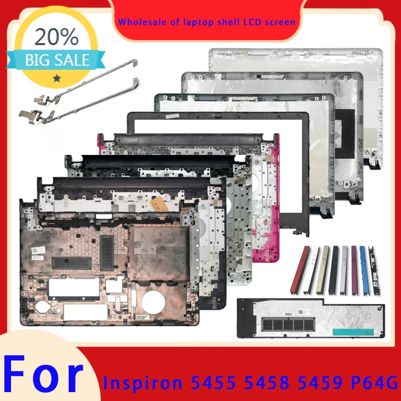 Novo para Inspiron 5455 5458 5459 P64G: Tampa traseira da tela LCD, painel frontal, apoio para as mãos, dobradiça, touchpad e tampa inferior.