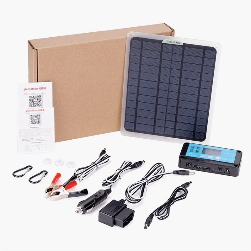 

AQ--20W Solar Panel 12V 10A Battery Controller Car Charger Outdoor Battery Supply for Vehicle Battery with OBD Plug XT