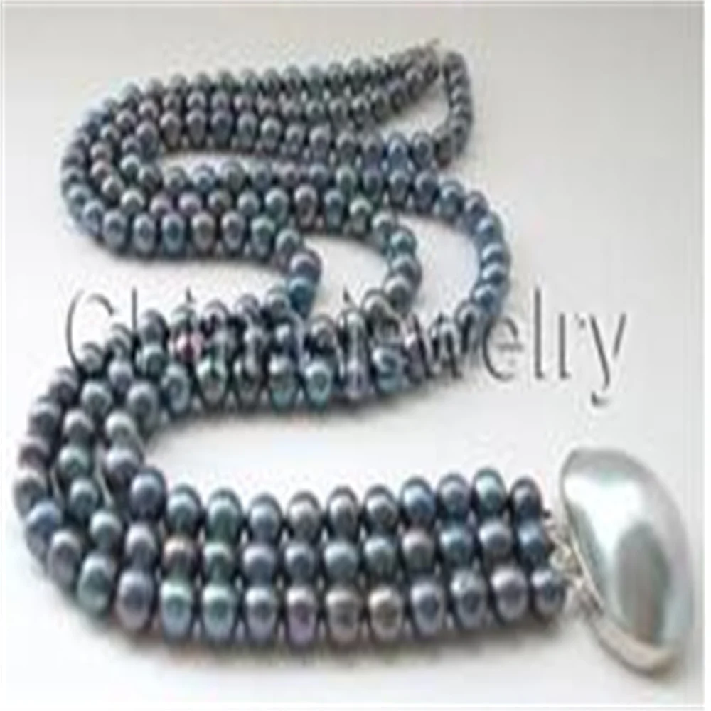 3row 17-19" 8-9mm natural black round freshwater pearl necklace - shell