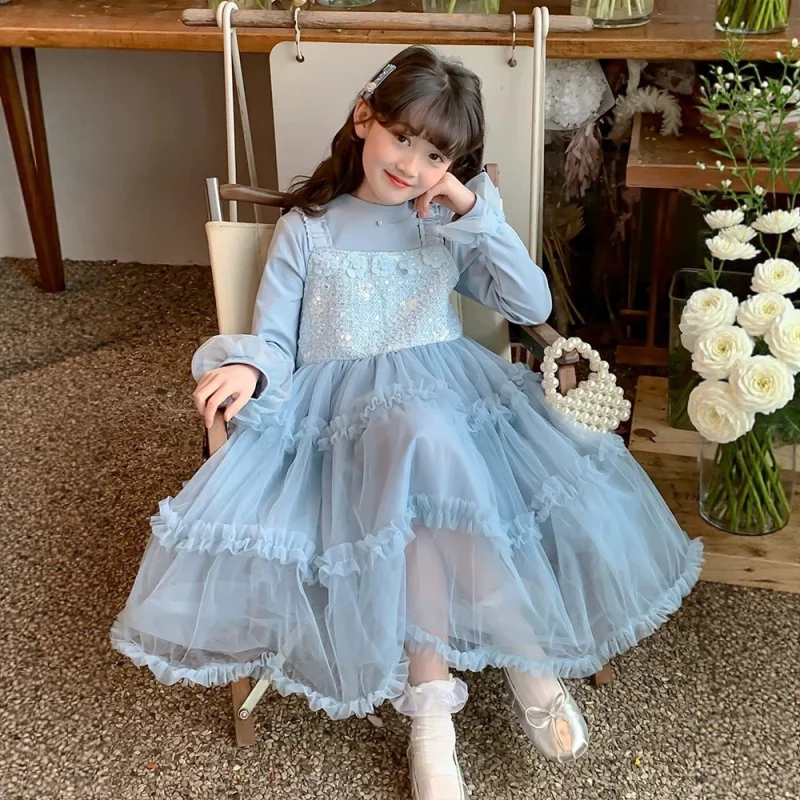 

Girls Autumn Dress2025New Style Fashionable Girl Long Sleeve Solid Color Cartoon Princess Style Mesh Cake Dress