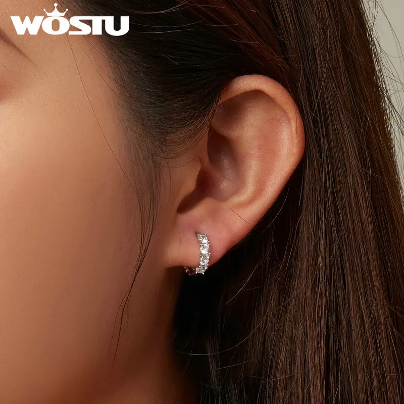 WOSTU Real 925 Sterling Silver Full of Zircon Circel Hoop Earrings For Women s925 Wedding Round Crystal Pendientes Jewelry Gift