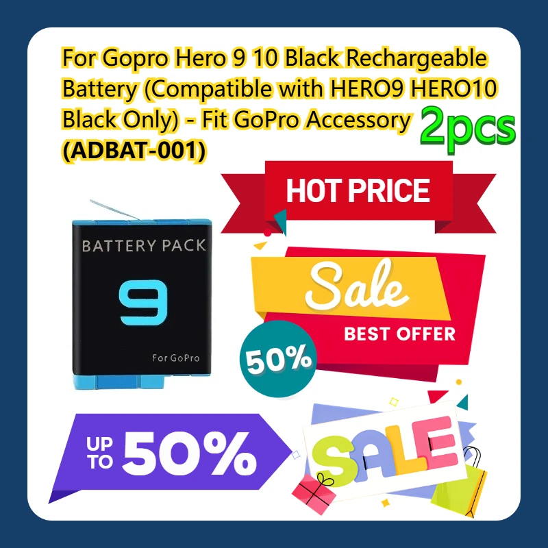

For Gopro Hero 9 10 Black Rechargeable Battery (Compatible with HERO9 HERO10 Black Only) - Fit GoPro Accessory (ADBAT-001) 2pcs