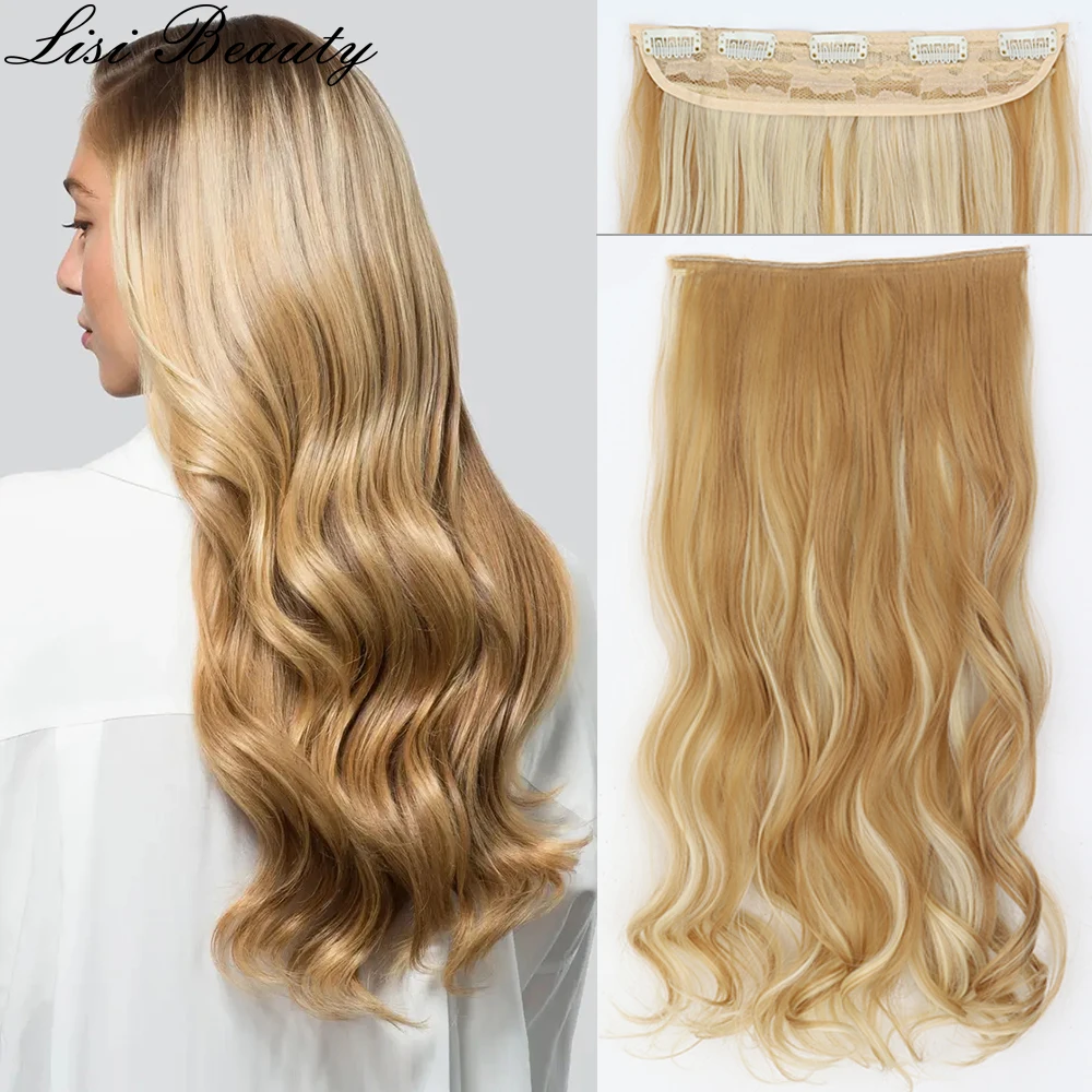 

22” Synthetic Blonde Hair Extensions 5 Clips Long Wavy One Piece Hairpiece High Temperature Fiber Black Dark Brown Hairstyle