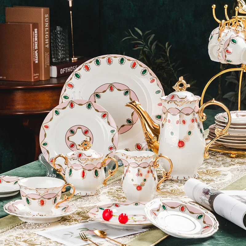 European Diamond Tea Set China 22pcs Coffee Drink Set Cup Saucer Ceramic Gem Cup Set