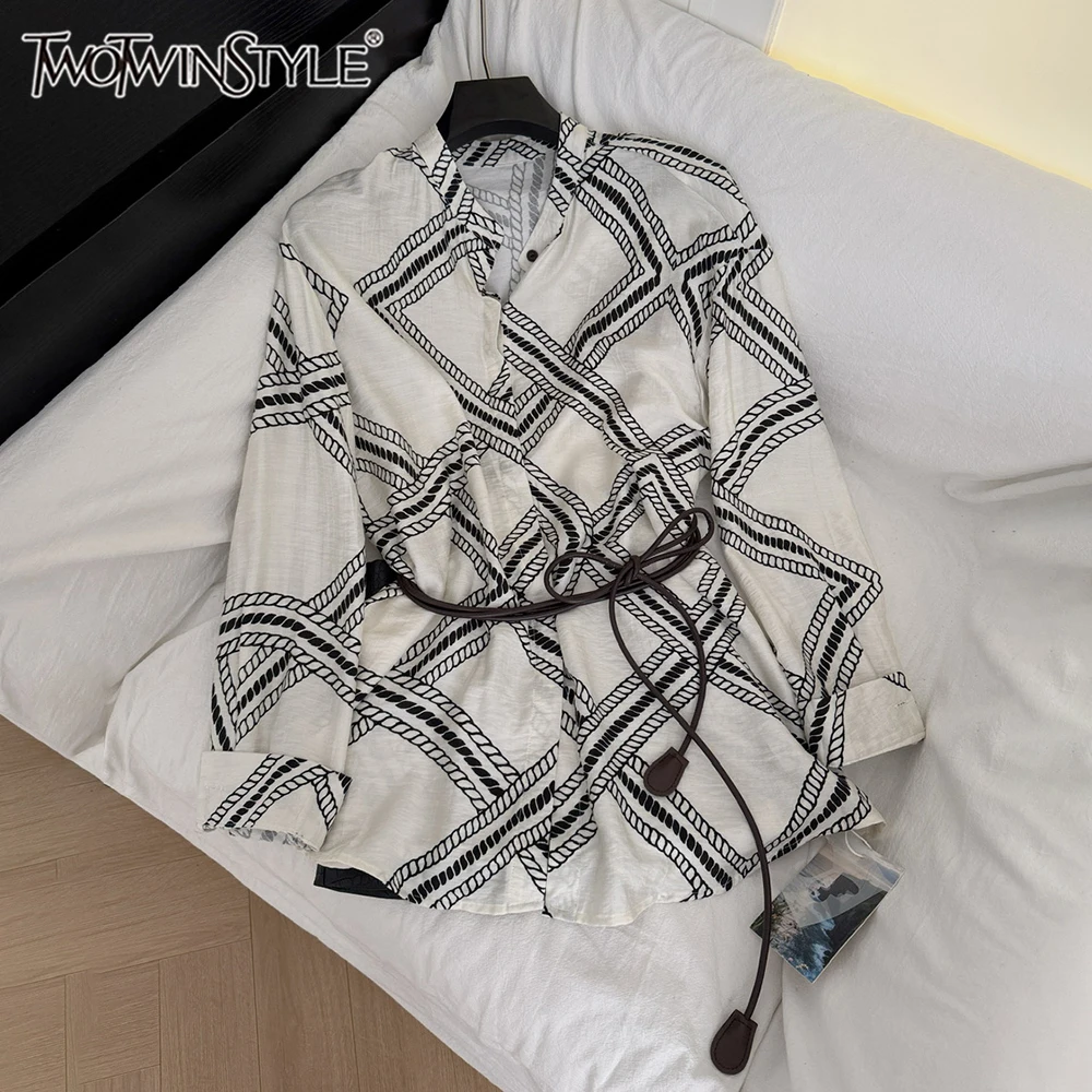 

TWOTWINSTYLE Casual Grid Printing Blouses For Women Round Neck Long Sleeve Spliced Button Chic Shirts Female Fashion KBL544450