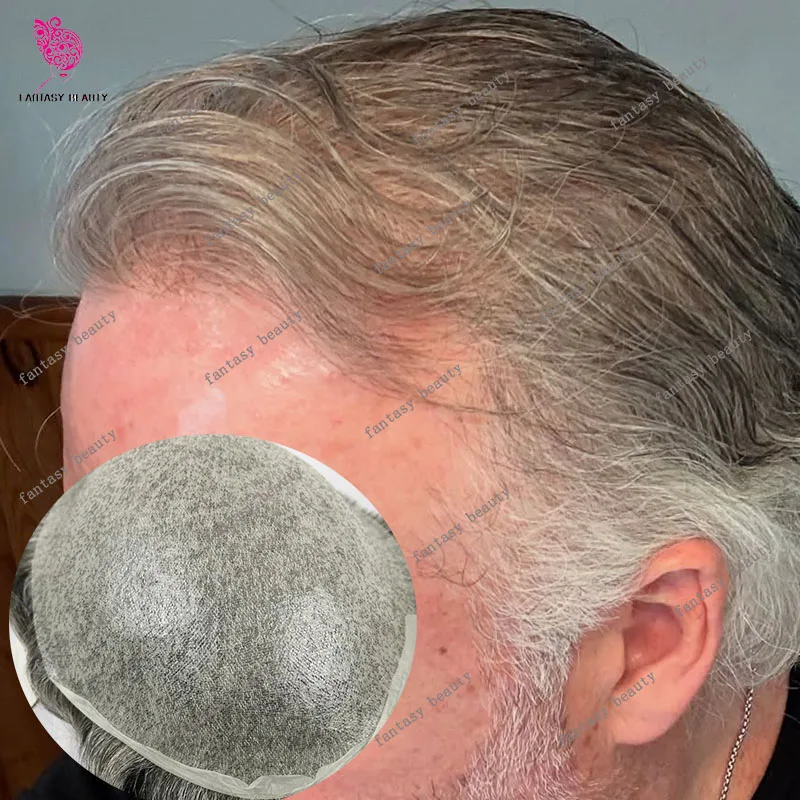 

80%Density 0.02mm Super Thin Microskin Vloop Invisible Old Men's Toupee 1B40 1B65 565# Grey Mix Brown Black 100% Human Hair Wigs