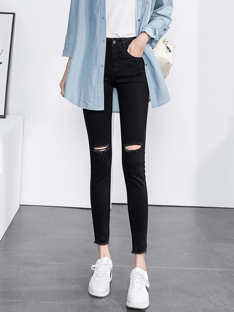 

Washed High Waist Women Jeans Knee Ripped Holes Skinny Black Stretch Streetwear Slim Pencil Denim Pants Ankle Length Summer 2022