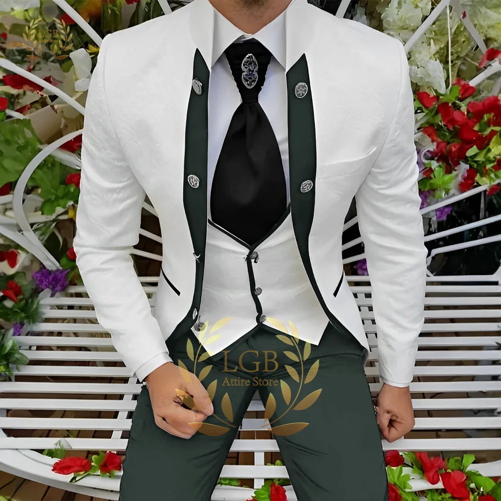 Fashion men\'s suit wedding groom tuxedo navy blue with white pattern jacket pants vest 3 piece set custom tuxedo