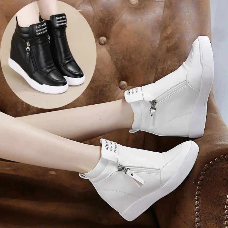 New High Top Women Sneakers Spring Autumn New Hidden Heel Casual Shoes Side Zip Women White Platform Wedge Rivet Shoes