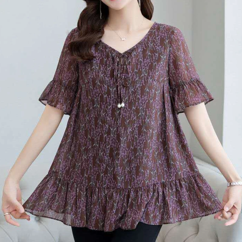 5XL Loose Women Spring Summer Blouses Chiffon Shirts Lady Fashion Casual Half Sleeve V-Neck Bow Lace Up Printing Elegant Tops