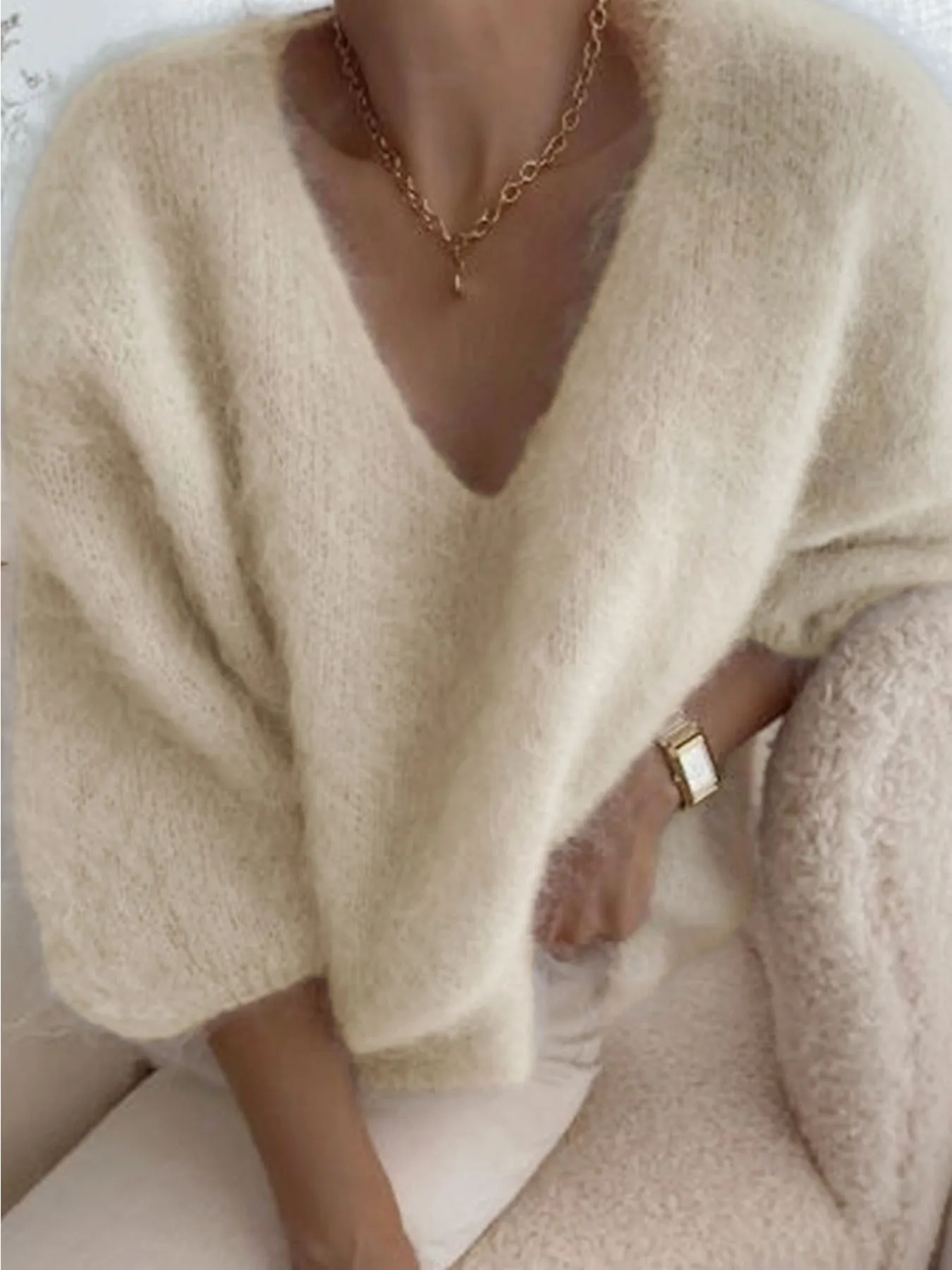 

Women's Clothing - New Elegant Autumn and Winter Casual Loose Warm Knitted Plush Long Knitted Hooded Sweater