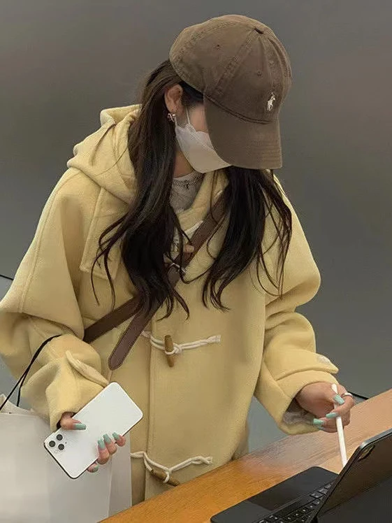 

Женское осенне-зимнее новое шерстяное пальто с капюшоном, длинное, свободного кроя, на пуговицах, с отложным воротником, из полиэфирного волокна, прямого силуэта, для повседневной носки