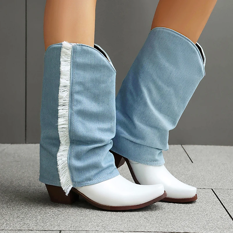 

Фланцевые джинсовые ботинки из искусственной кожи с древесным зерном на толстом каблуке, маленькие квадратные ботинки с цветными блоками, длинные ботинки в стиле вестерн, сапоги до середины икры