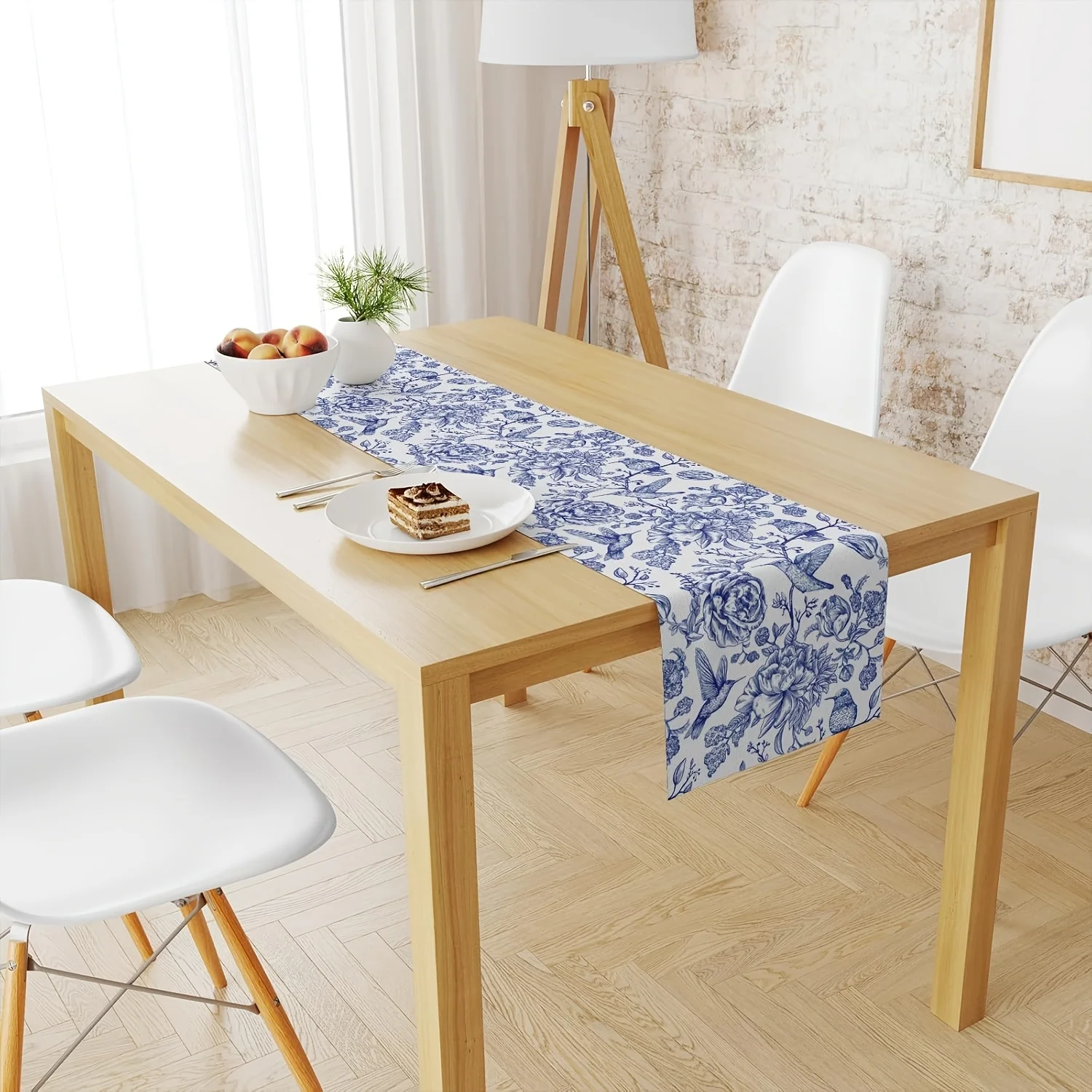 Blue White Florals Birds Monochrome Sketch Linen Table Runner Party Decor Retro Flowers Kitchen Dining Table Runners Table Decor