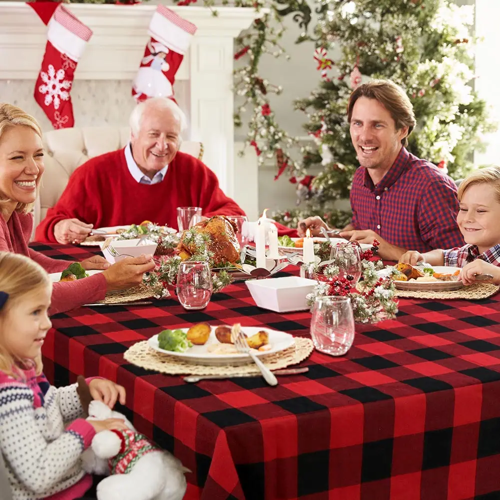 OurWarm Christmas Tablecloth Rectangle Tablecloth Round  with Cotton Waterproof Red and Black Check for Xmas Table Decorations