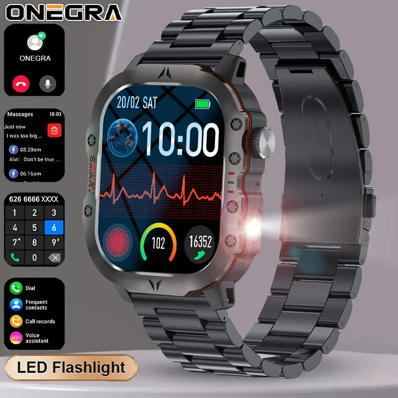 ONEGRA New LED flashlight men's smart watch, equipped with 2.01-inch high-definition full touch screen, 320mA sports watch.