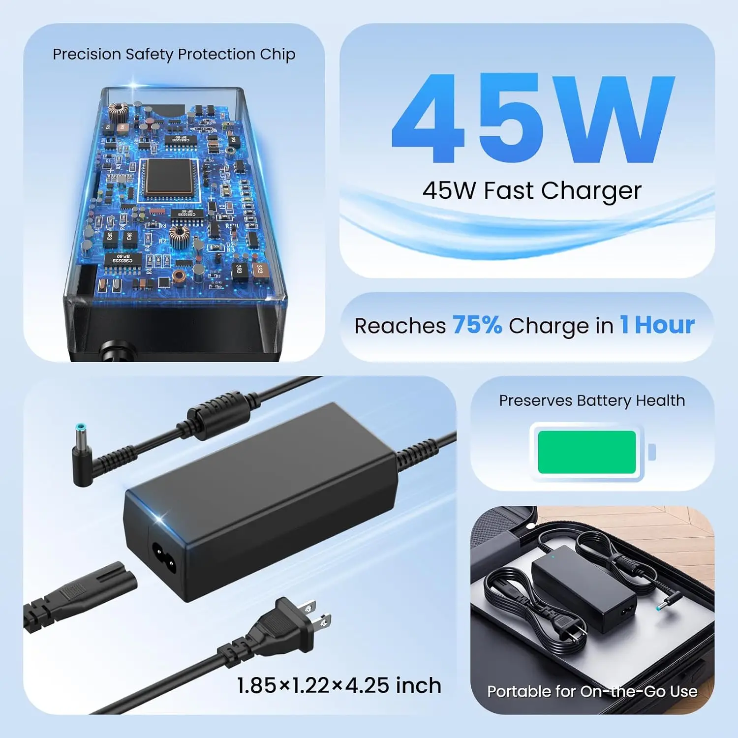 45W 19.5V 2.31A 4.5x3.0mm Laptop Charger for HP Stream X360 13 14 Pavilion 854054-001 741727-001 740015-001 Blue Tip