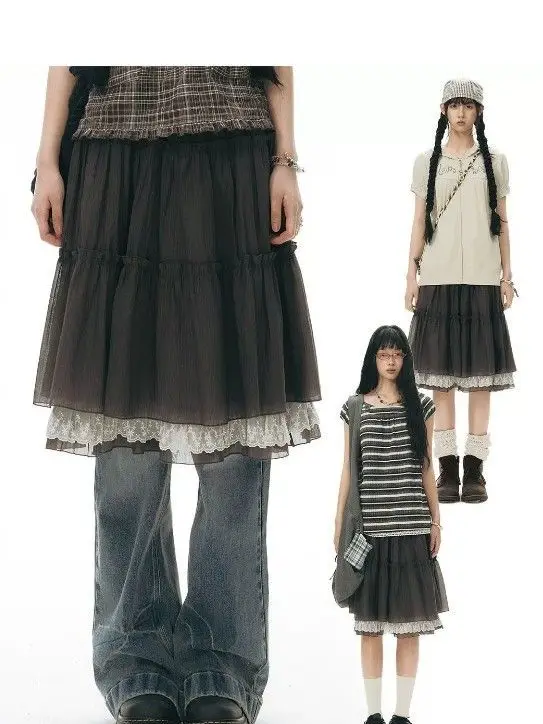 Vintage Stacked Skirt Pleated Texture Splicing Lace Summer A Word Cake Skirt Women