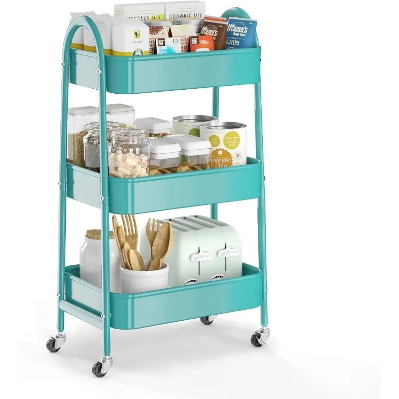 

3 Tier Utility Rolling Cart, Metal Storage Cart with Handle and Lockable Wheels, Multifunctional Storage Organizer Trolley