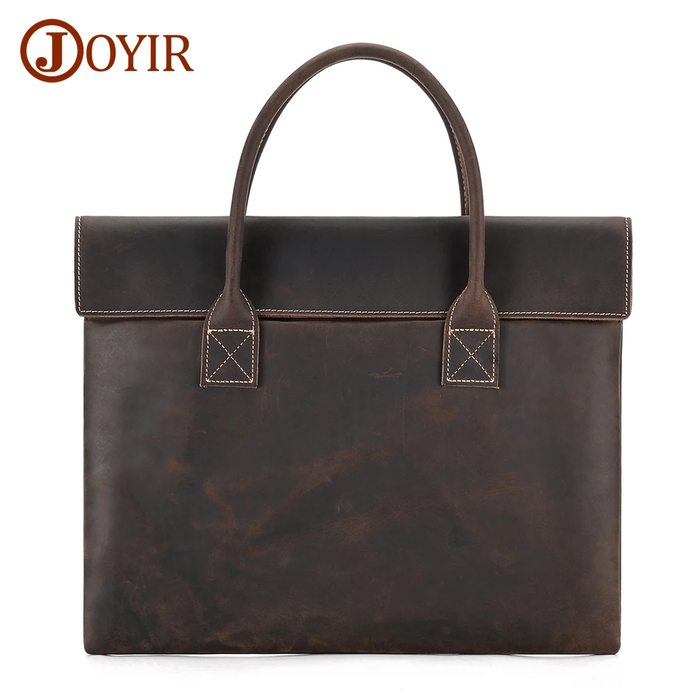 JOYIR Crazy Horse Leather Men Briefcase Vintage Male Portfolio Laptop Office Business Work Bag Minimalist Handbag Tote New