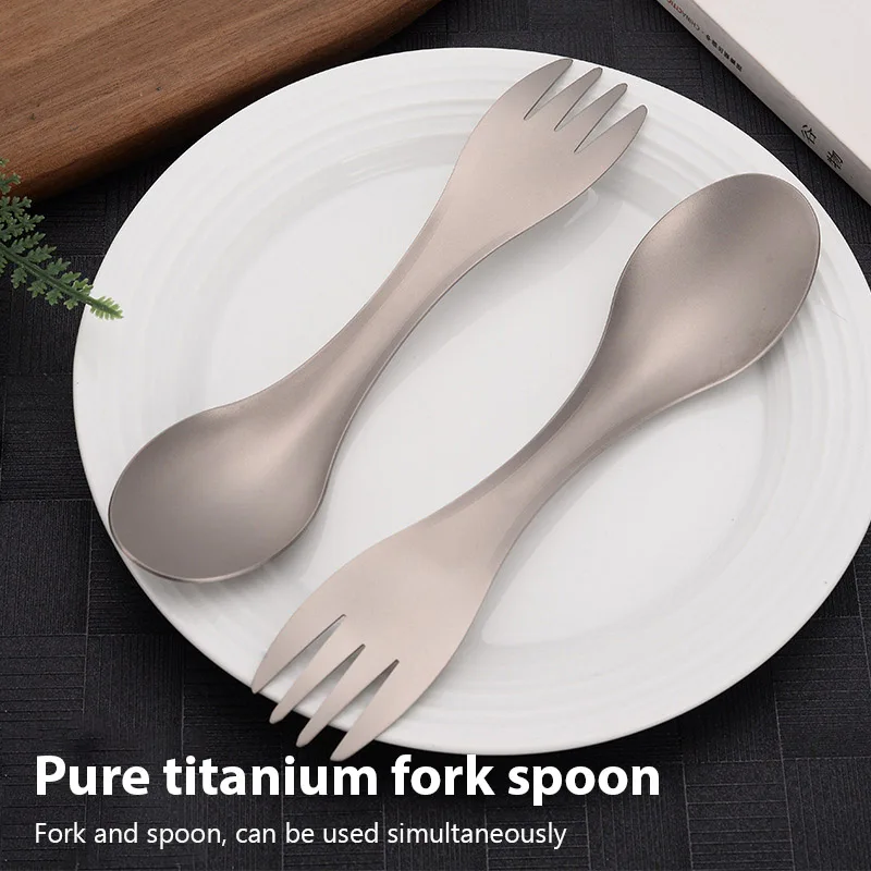【セール中】2in1 チタンフォークスプーン超軽量調理器具ポータブル屋外キャンプピクニック食器スプーンサラダフォーク旅行食器スポーク
