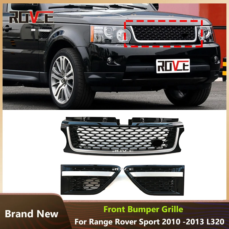 

ROVCE For Land Rover Range Rover Sport 2010-2013 L320 Car Front Bumper Grille 3pcs ABS Side Vent Cover Grills Auto Accessories