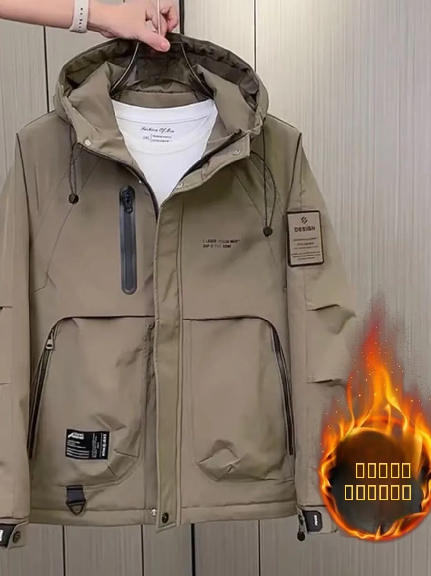 

Winter New Men's Thiened Windproof Cotton Jaet Casual Hooded Workwear Coat Trendy All-match Outdoor Fce Zipper Coat