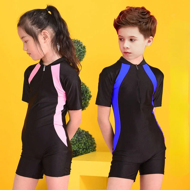 

3-16Y Children's Swimsuit Boys Girls One-piece Wetsuit Short Sleeved Children's Beach Wear Quick-drying Swimwear