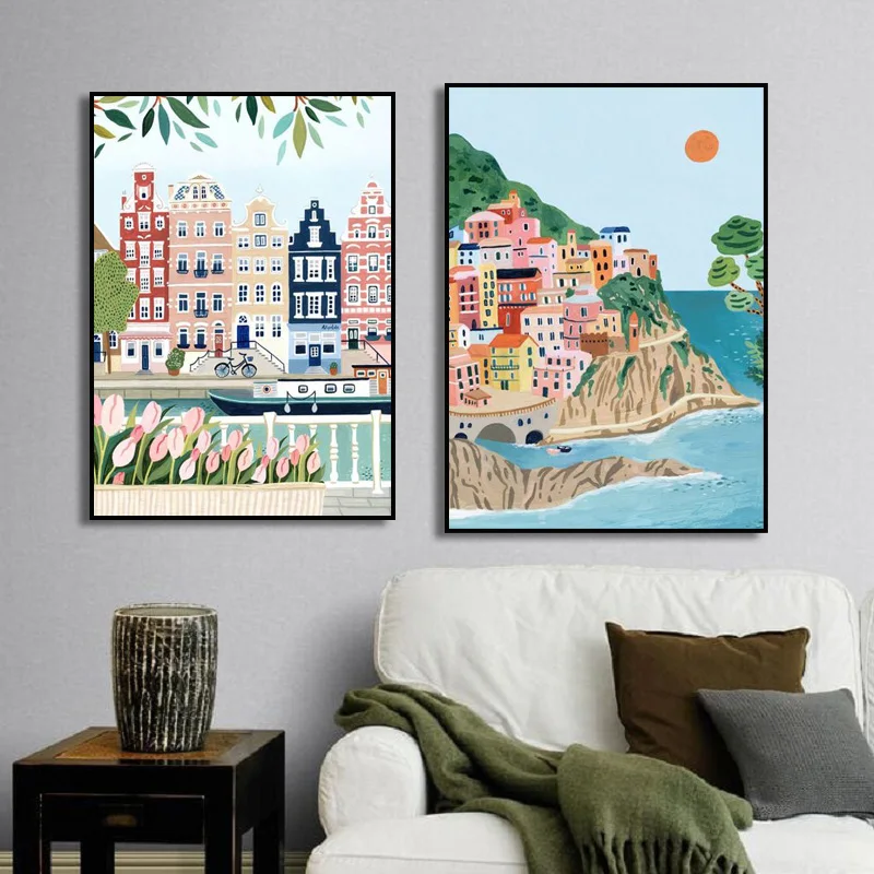 Nordic Travel City Landscape Poster Santorini Positano Barcelona Canvas Painting Holland Prints for Living Picture Home Decor