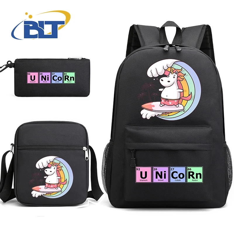 Cute unicorn print student school bag set youth backpack shoulder bag pencil case 3-piece set kids back-to-school gift