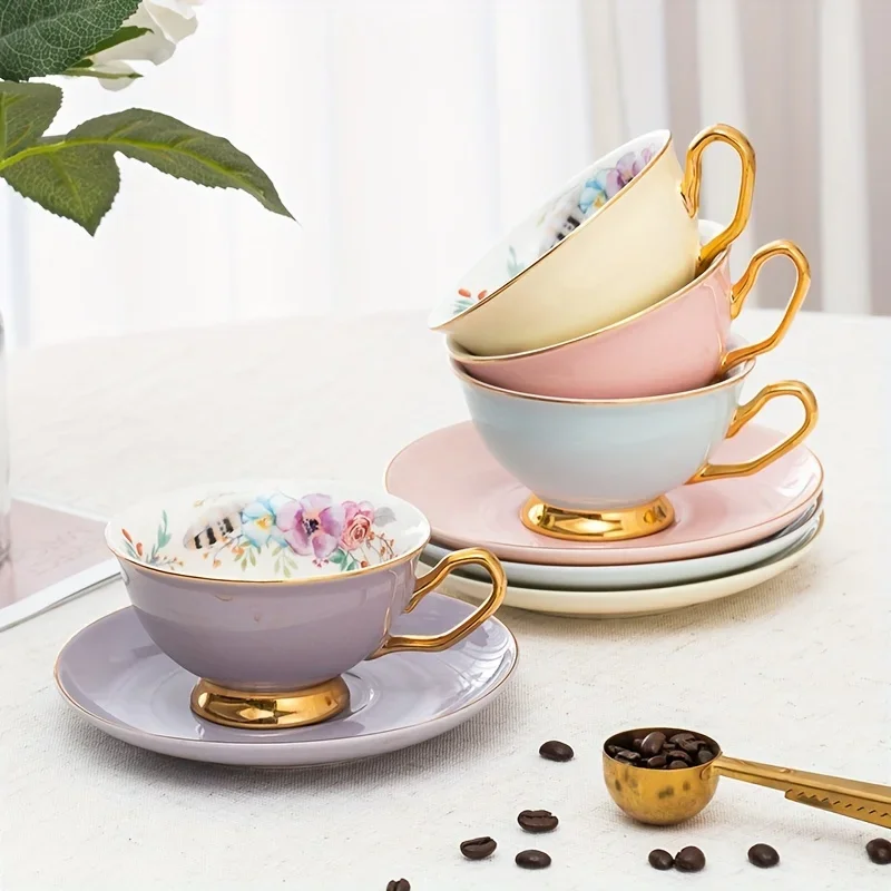 1set 200ml Coffee Mug Elegant European Bone China Teacup Set Insulated Multipurpose Ceramic Drinkware with Saucer for Home