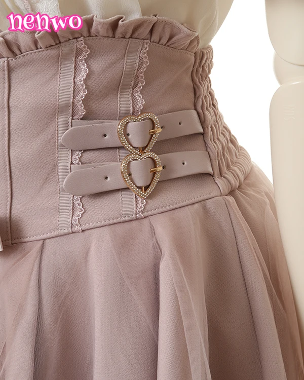 لوليتا تنورة فتاة على شكل قلب منقوشة حزام القوس الألغام سلسلة طبقة مزدوجة تنورة دانتيل المرأة الصيف الخريف جديد التنانير القصيرة Faldas #5